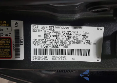 2012 Toyota Tundra Grade 4.6L V8 z USA, uszkodzony, nr VIN 5TFUM5F19CX034517